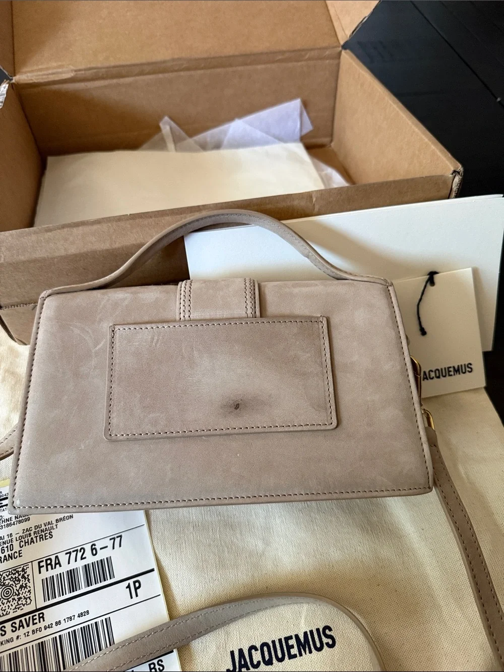 Jacquemus taupe Le Bambino Long beige suede shoulder bag with gold hardware - Picture 2 of 13
